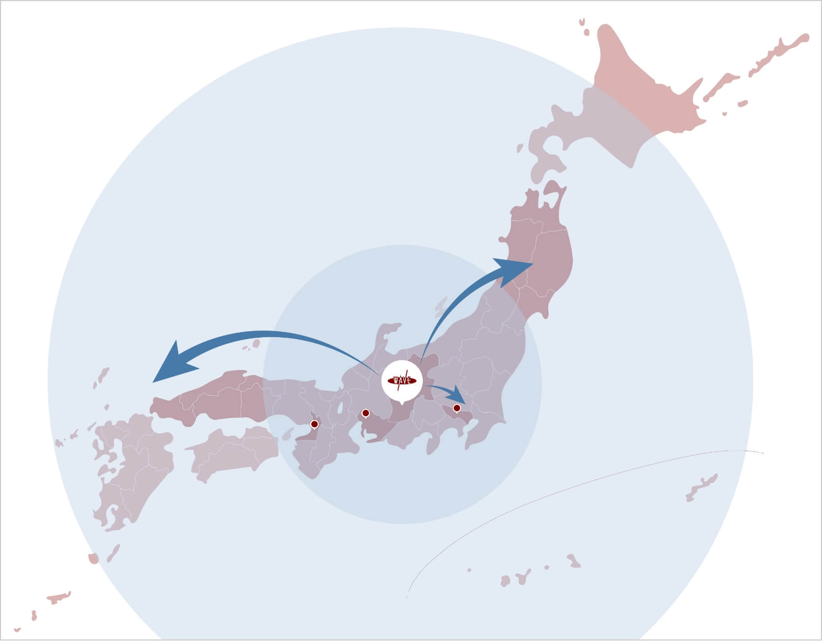 長野県上伊那地域を拠点に、３大都市圏をはじめとする各エリアまで、中長距離輸送に対応している図